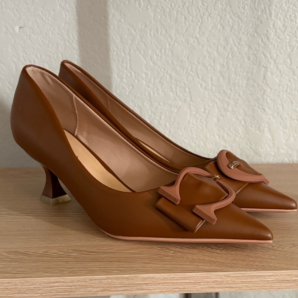 C. Paravano Tan Pointed-Toe Heels with Decorative Buckle - Picture 2 of 6